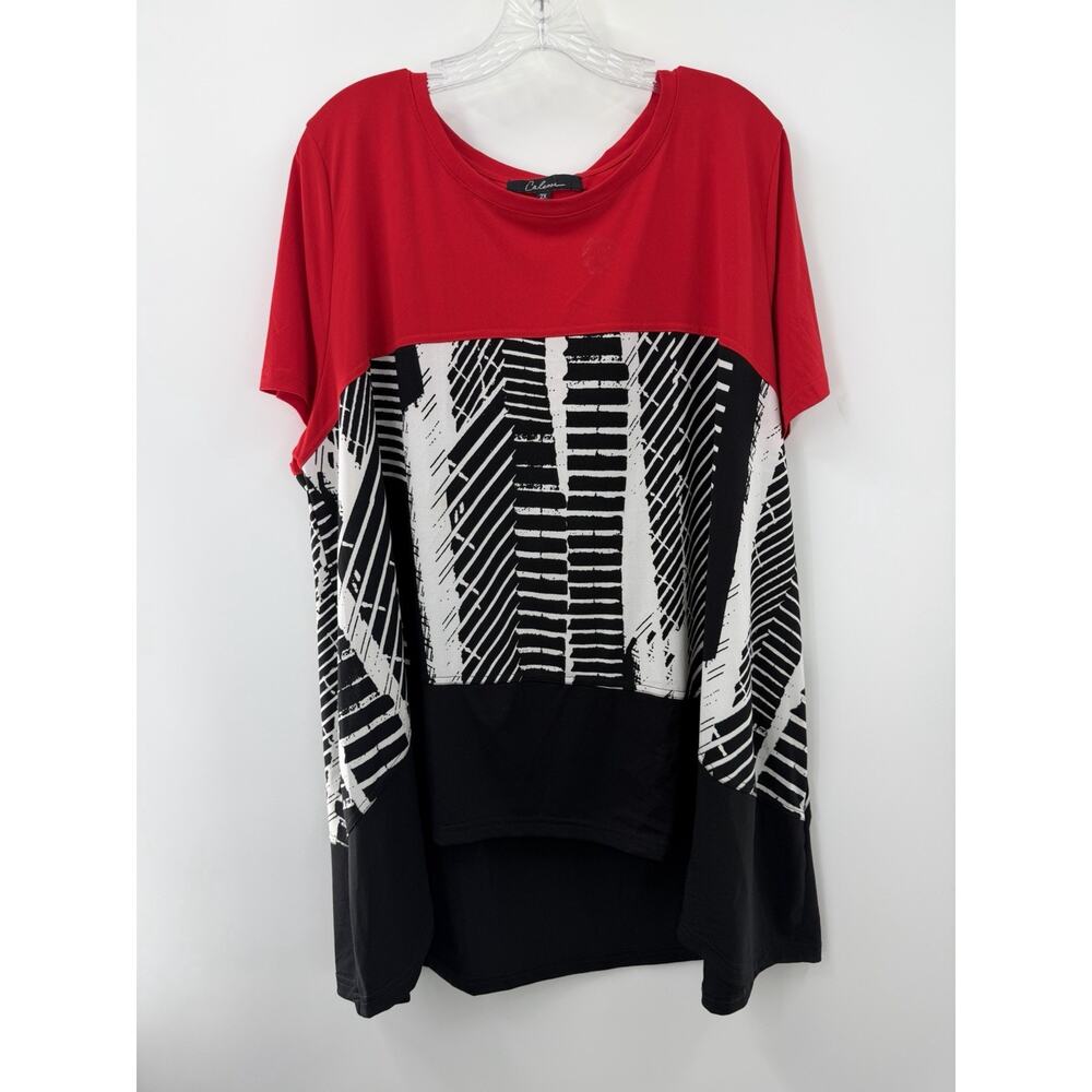 Calessa Women’s Short Sleeve Hi Lo Swing Tunic Black Red Color Block Size 2X